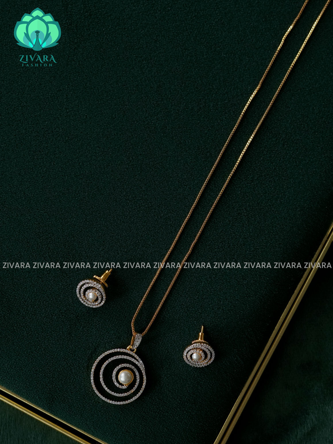 Zyra- Diamond replica gold polish-pendant set and earrings ( CHAIN COMPLIMENTARY)  -Trending office wear jewellery-Zivara fashion
