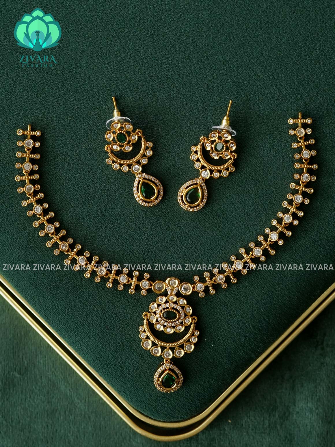GREEN TEAR FLOWEAR PREMIUM SUBTLE GOLD FINISH  stylish  neckwear with earrings- Zivara Fashion