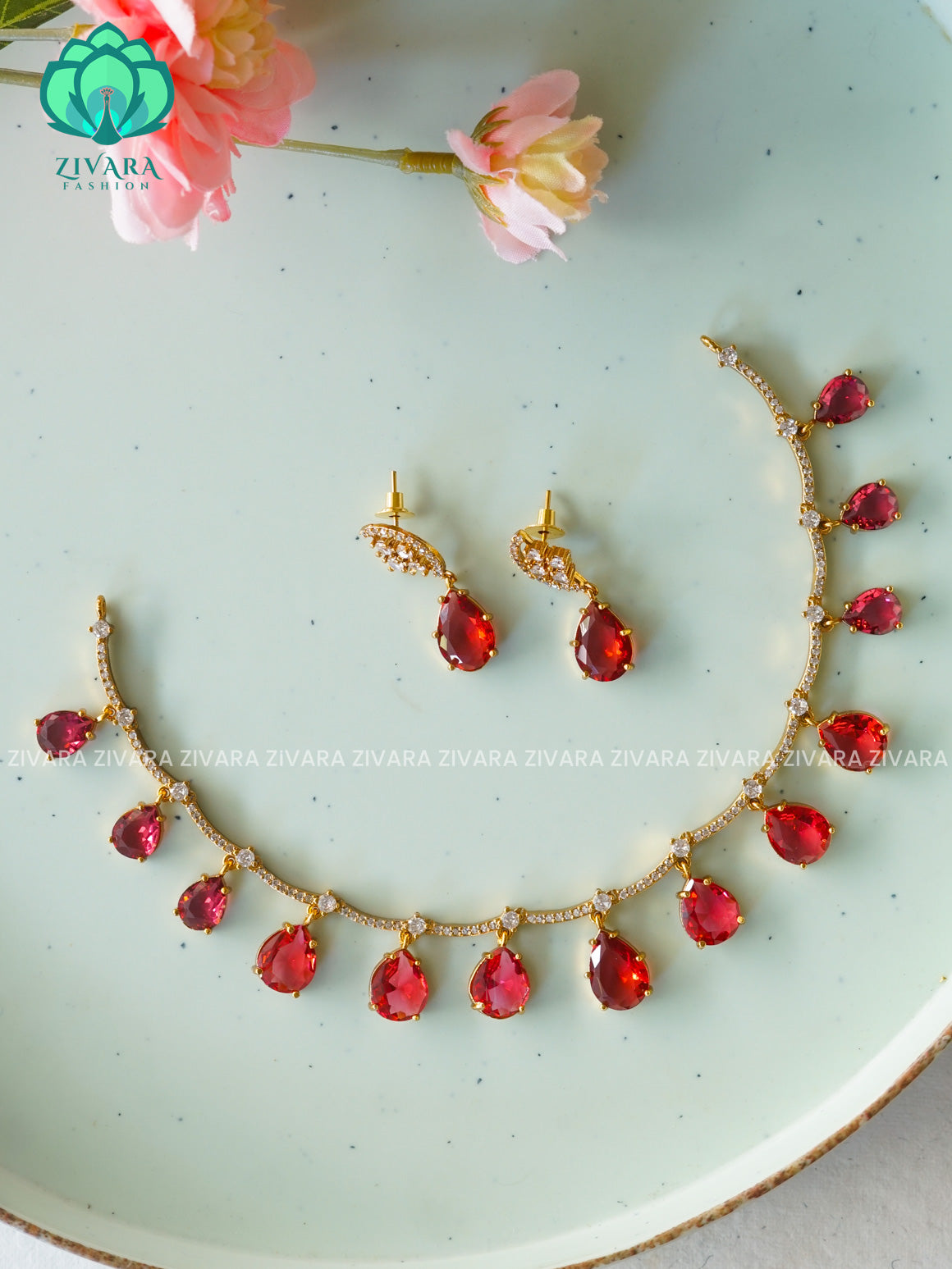 RUBY - Hanging tear - Trending  stylish and minimal elegant neckwear with earrings- Zivara Fashion