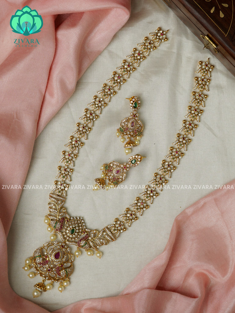 BRIDAL STONE PEACOCK - Traditional PREMIUM MATTE polish MIDCHEST haaram/neckwear with earrings- Zivara Fashion