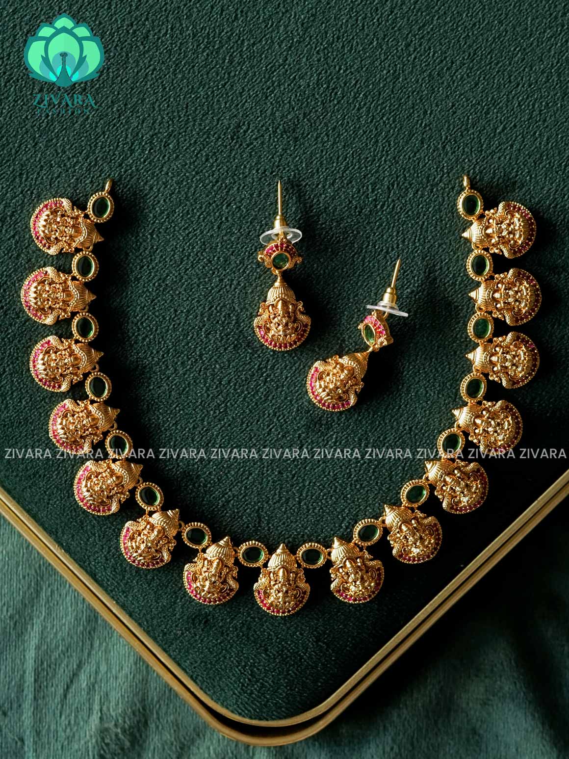 AKSHAYAM - RUBY STONE FLOWER NECKWEAR WITH GREEN BEADS HANGINGS  - Premium quality CZ Matte collection-south indian jewellery