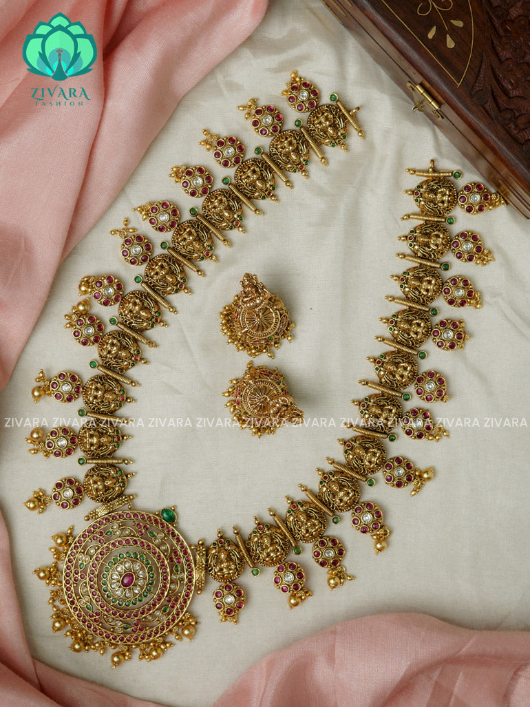 GRAND CIRCLE PENDANT BRIDAL - Traditional PREMIUM MATTE polish MIDCHEST haaram/neckwear with earrings- Zivara Fashion