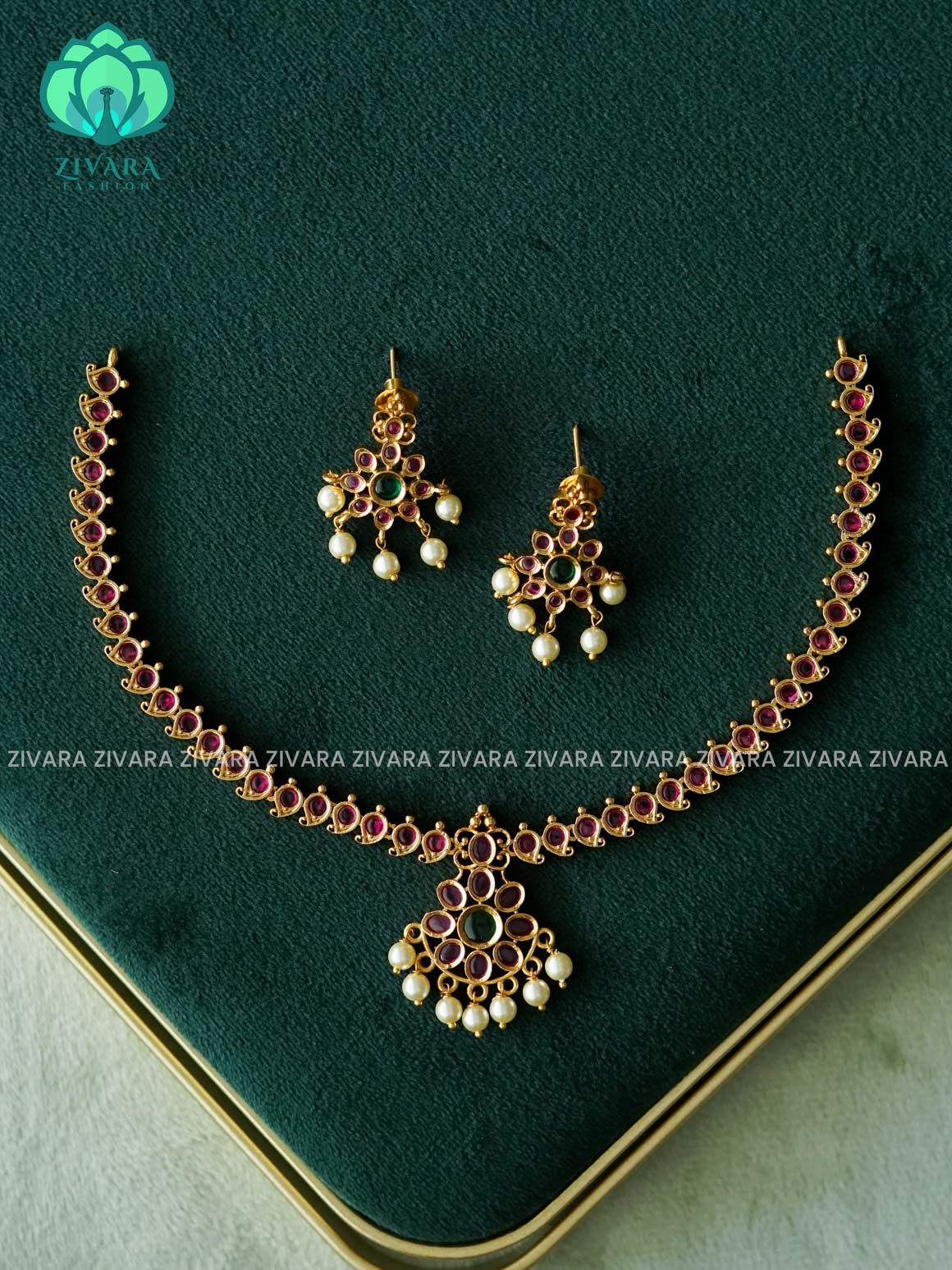 SIMPLE  REAL KEMP FLOWER  PENDANT -Traditional south indian premium neckwear with earrings- Zivara Fashion- latest jewellery design