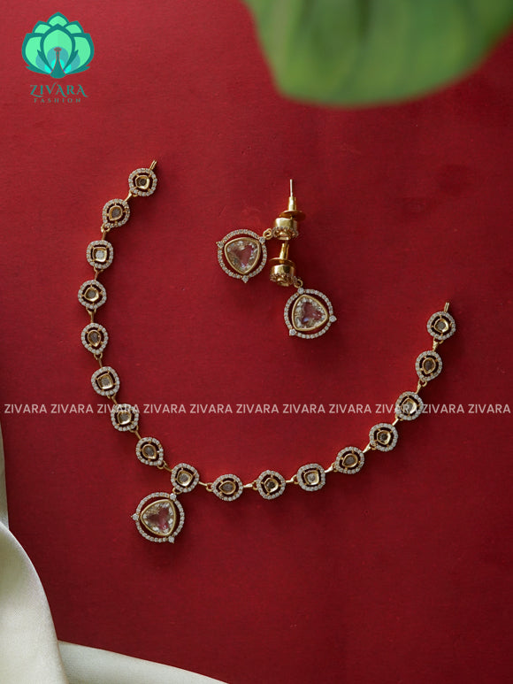 WHITE - TEAR MOTIF CHAIN WITH COLOUR PENDANT - stylish and minimal elegant neckwear with earrings- Zivara Fashion