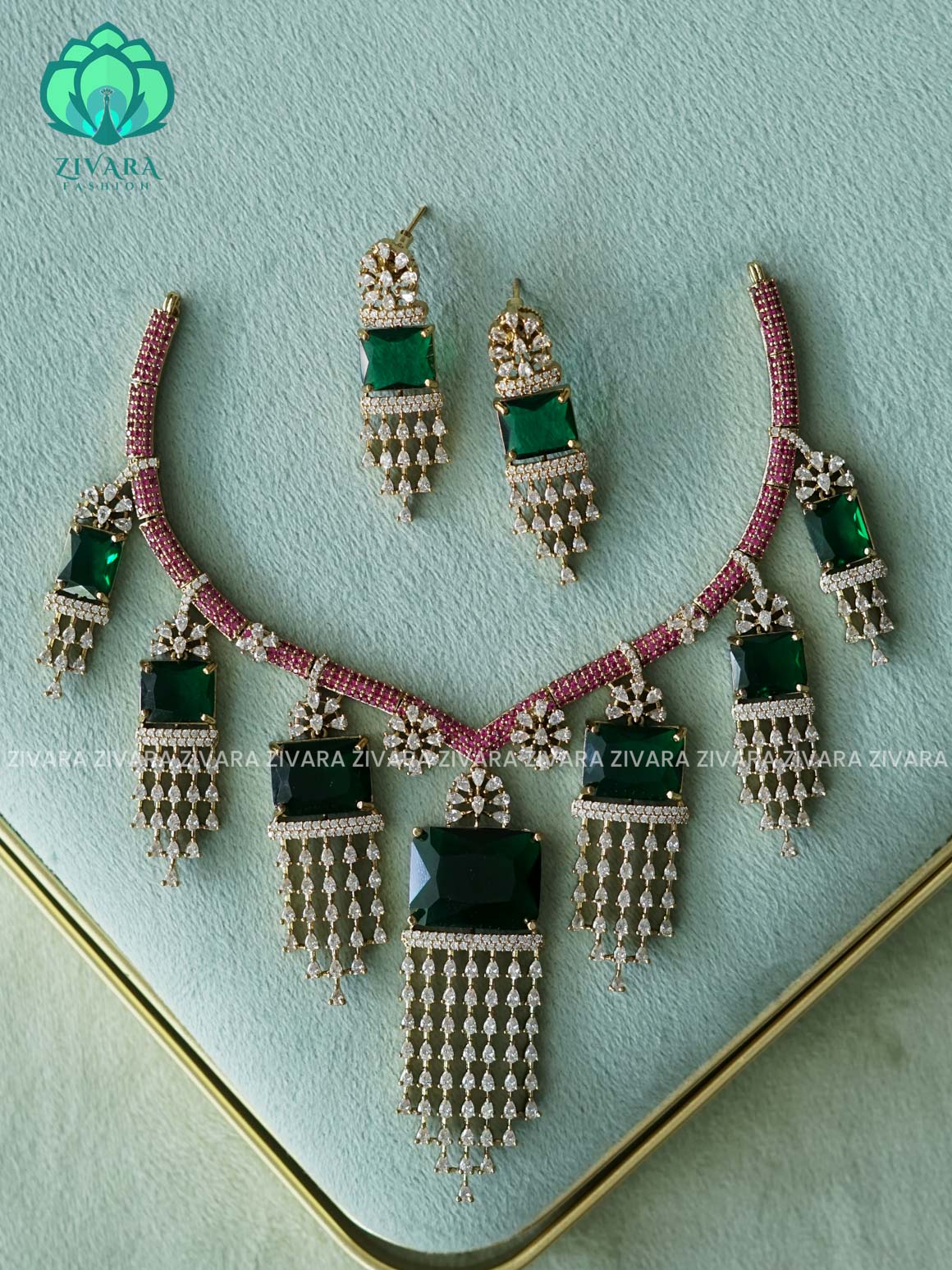 AKSHAYAM - GREEN BRIDAL REAL KEMP AD STONE NECKWEAR - premium neckwear with earrings- Zivara Fashion- latest jewellery design