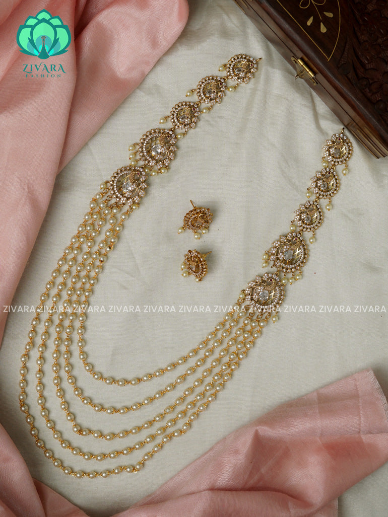 WHITE- PEACOCK -STEP PEARL CHAIN - Traditional PREMIUM MATTE polish MIDCHEST haaram/neckwear with earrings- Zivara Fashion