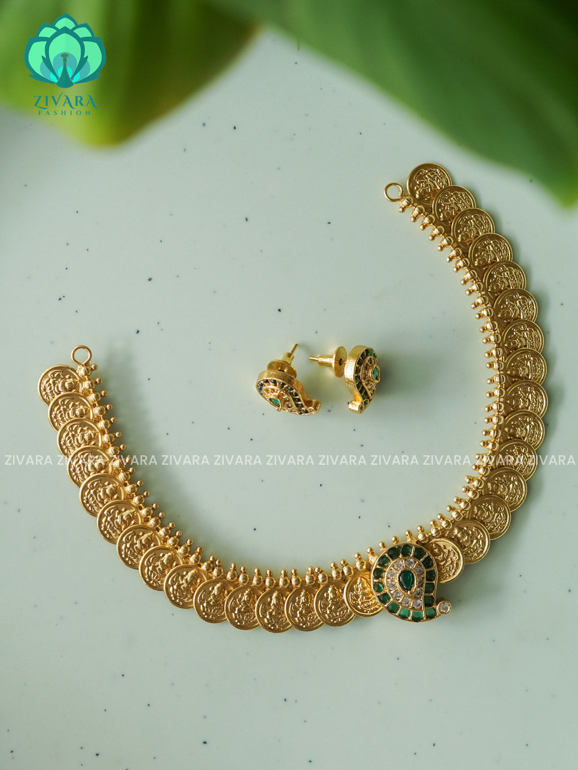 Green Mango pendant coin  - Traditional south indian premium neckwear with earrings- Zivara Fashion- latest jewellery design.