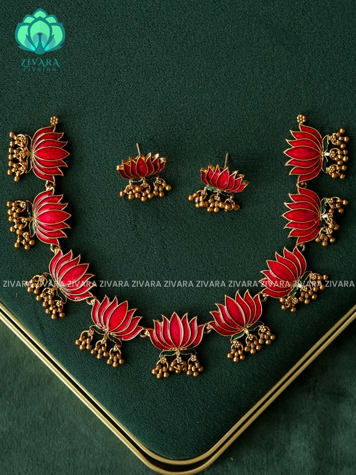 Red- MANJU WARRIER  inspired Trending NORMAL MATTE lotus enamel neckwear with earrings- Zivara Fashion- latest jewellery design