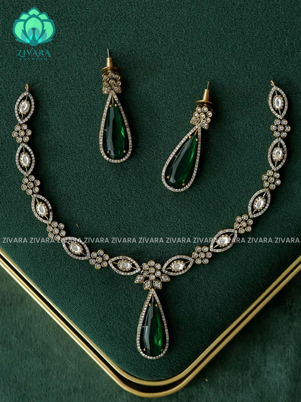 Green -Tear pendant - Diamond look alike  - Ultra premium victoria finish dark polish trending neckwear collection- bridal collection- Zivara Fashion