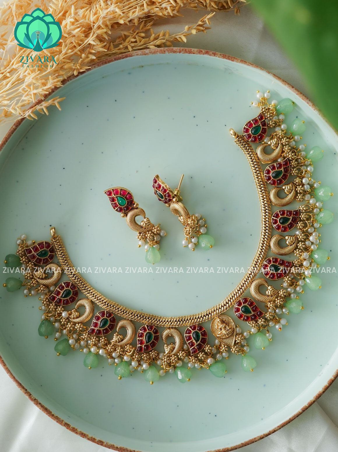PASTEL GREEN BEADS TEMPLE MANGO Trending NORMAL MATTE lotus enamel neckwear with earrings- Zivara Fashion- latest jewellery design
