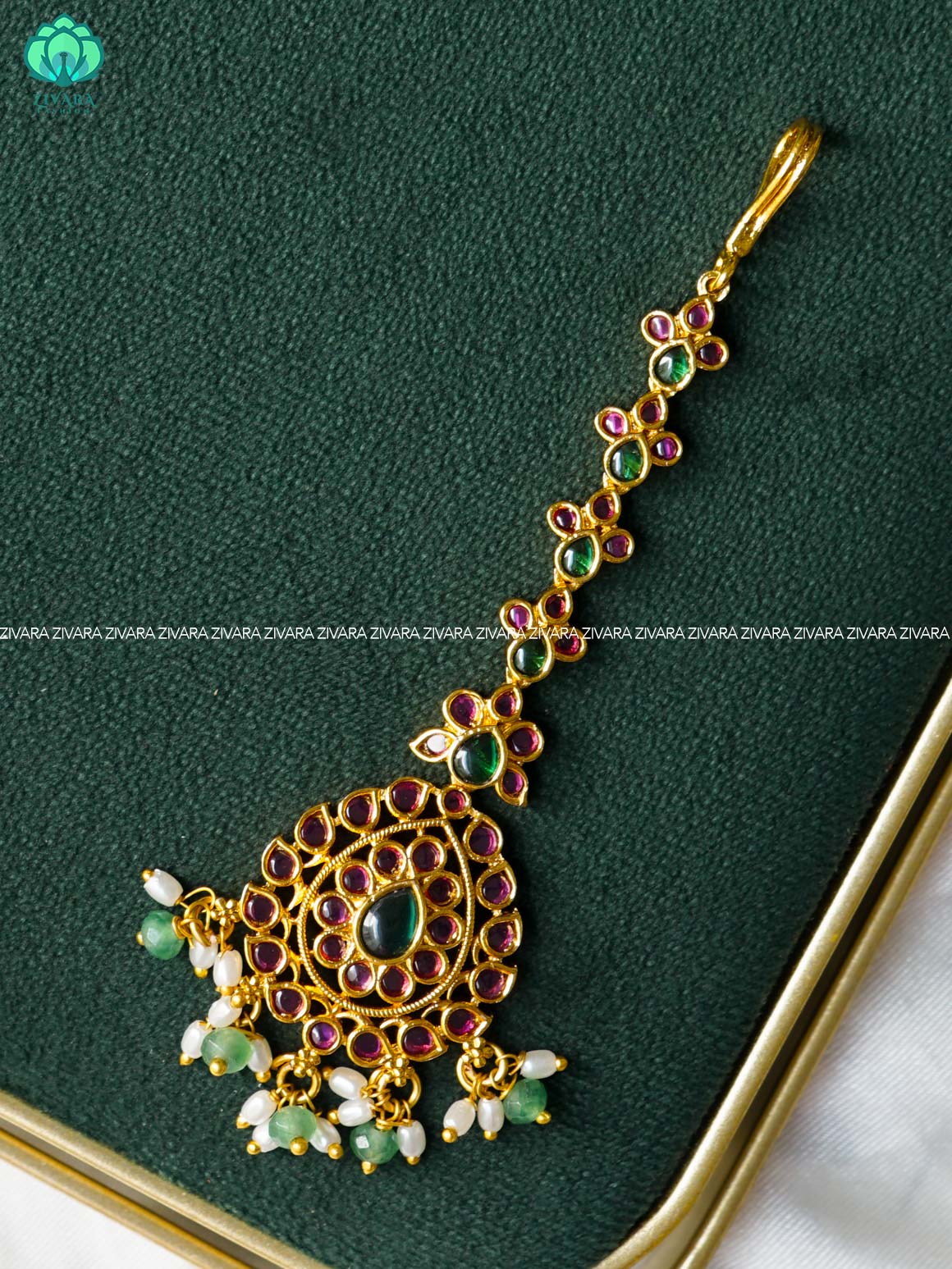 RUBY GREEN FLORAL CHUTTI WITH  HANGINGS - bridal head accessory- latest bridal collection - Zivara fashion
