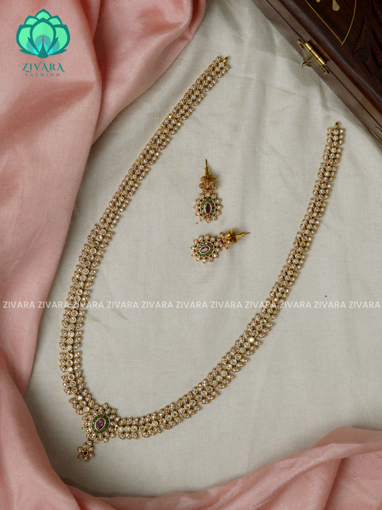 DESIGNER WHITE STONE   - Traditional PREMIUM MATTE polish MIDCHEST haaram/neckwear with earrings- Zivara Fashion