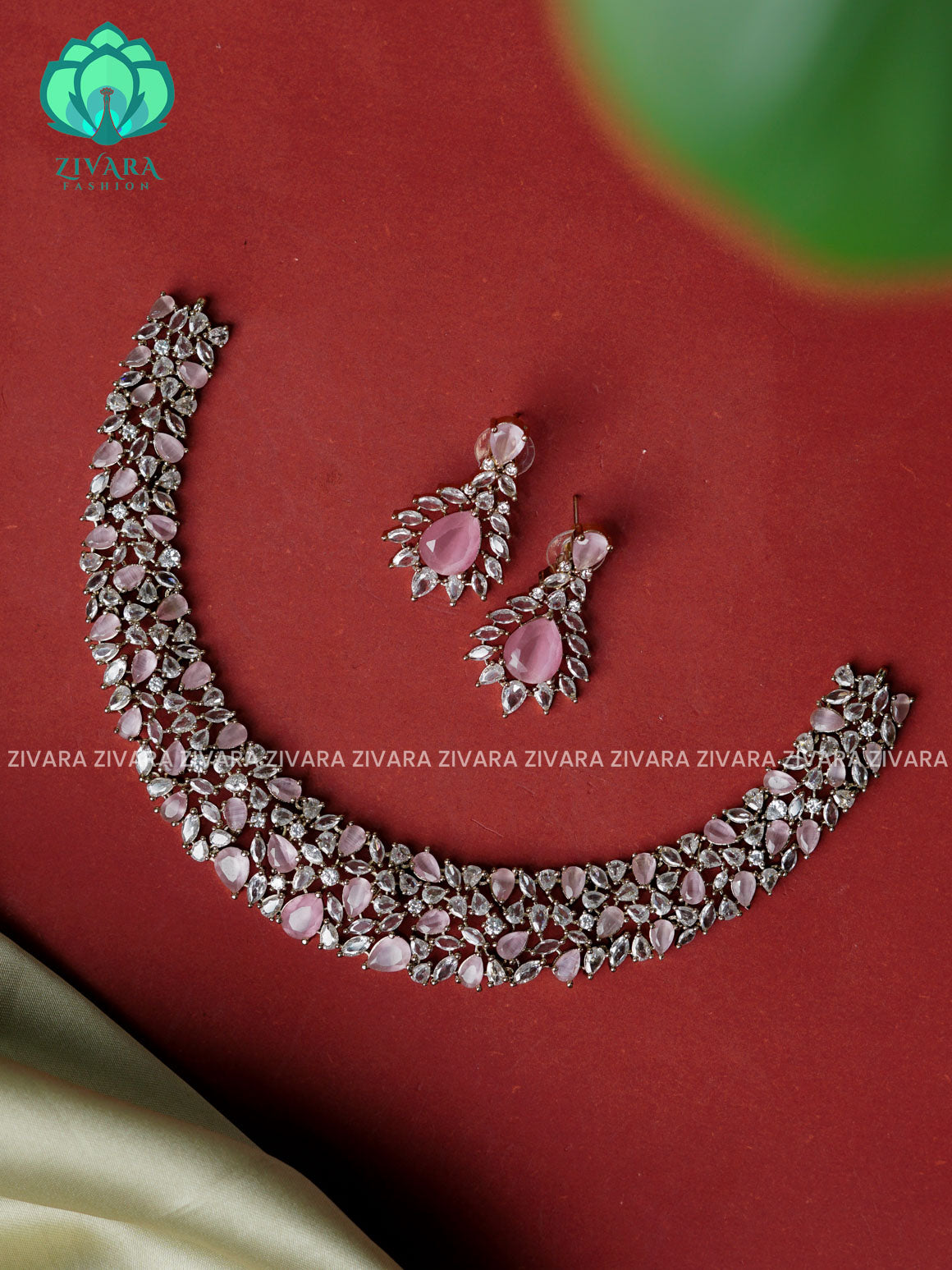 PINK - CUTE AD ASSORTED STONE BRILLIANT DARK VICTORIA POLISH NECKWEAR WITH EARRINGS- Zivara Fashion