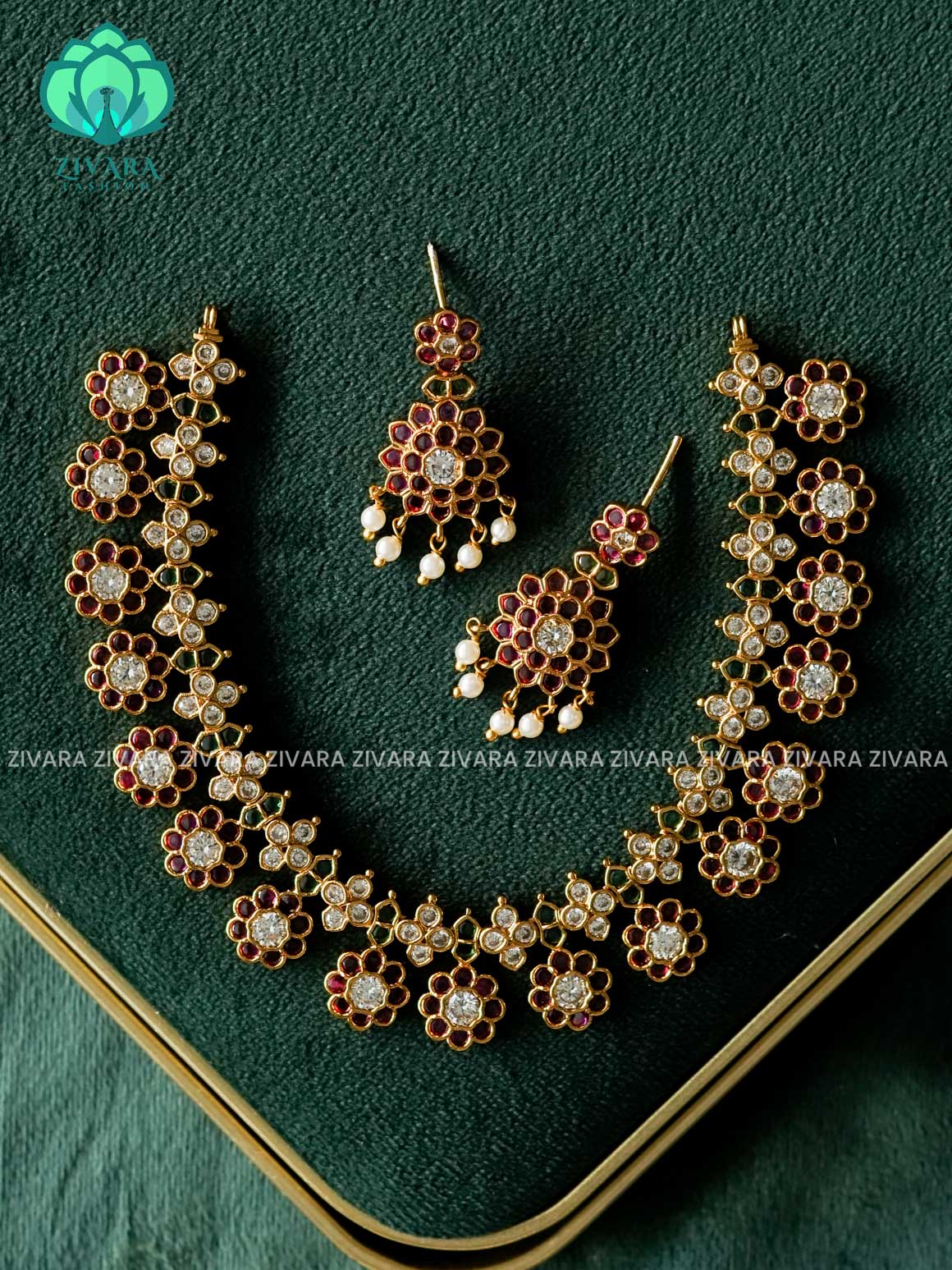 REAL KEMP RUBY STONE FLOWER NECKWEAR - Traditional south indian premium neckwear with earrings- Zivara Fashion- latest jewellery design