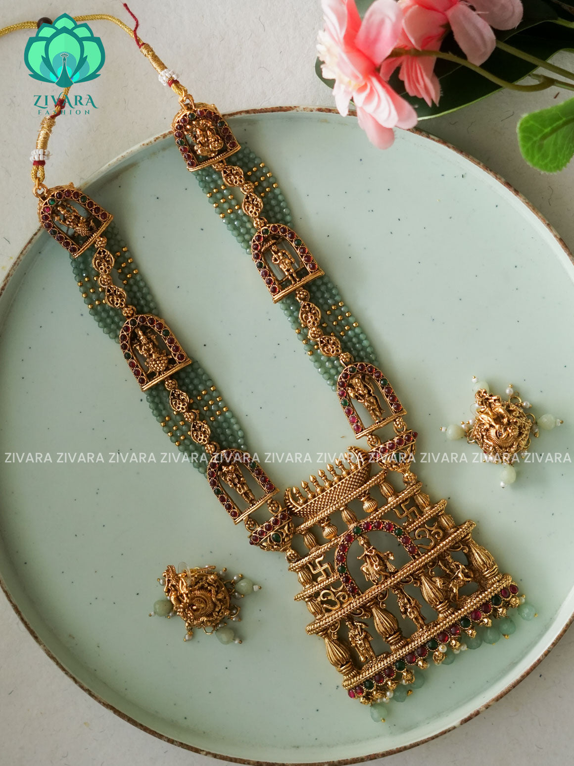 DASAVATHARAM NORMAL MATTE HAARAM WITH JHUMKAS - Traditional PREMIUM MATTE polish MIDCHEST haaram/neckwear with earrings- Zivara Fashion