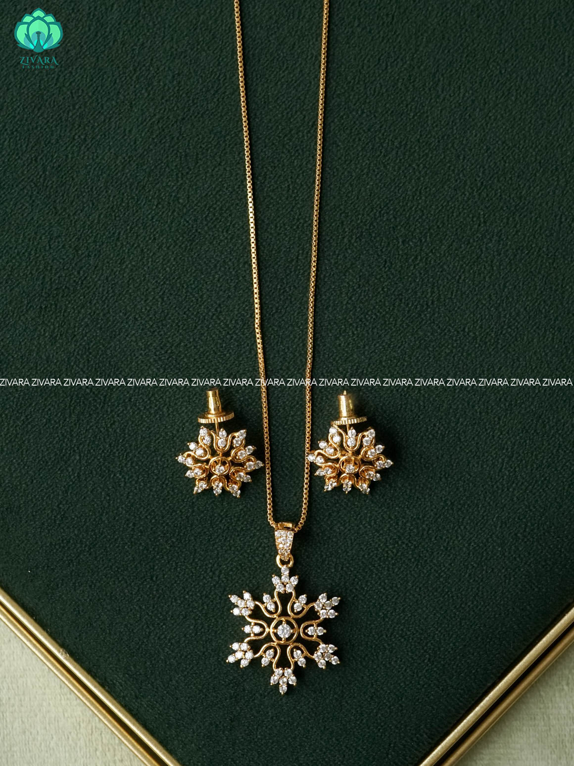 Zyra- Diamond replica gold polish pendant set and earrings ( CHAIN COMPLIMENTARY)  -Trending office wear jewellery-Zivara fashion