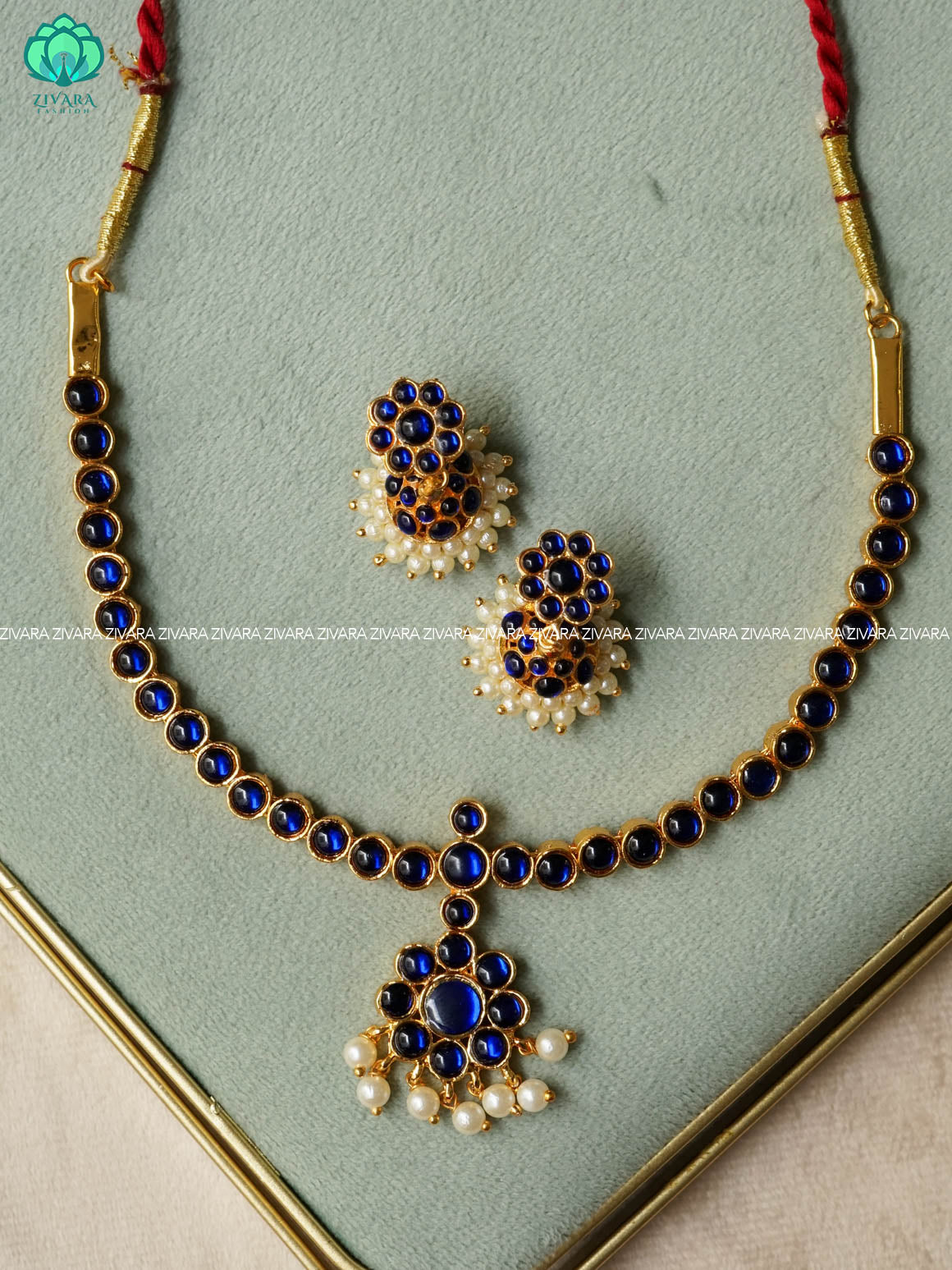 BLUE -CHINMAY - Simple kemp attigai neckwear with two line jhumka - latest kemp dance jewellery collection