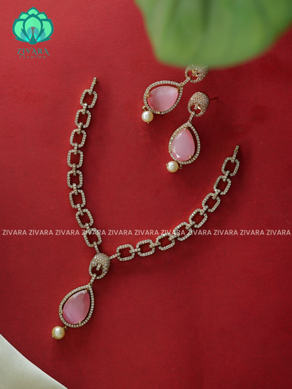 PASTEL PINK - BIG TEAR drop neckset - Traditional south indian premium neckwear with earrings- Zivara Fashion- latest jewellery design