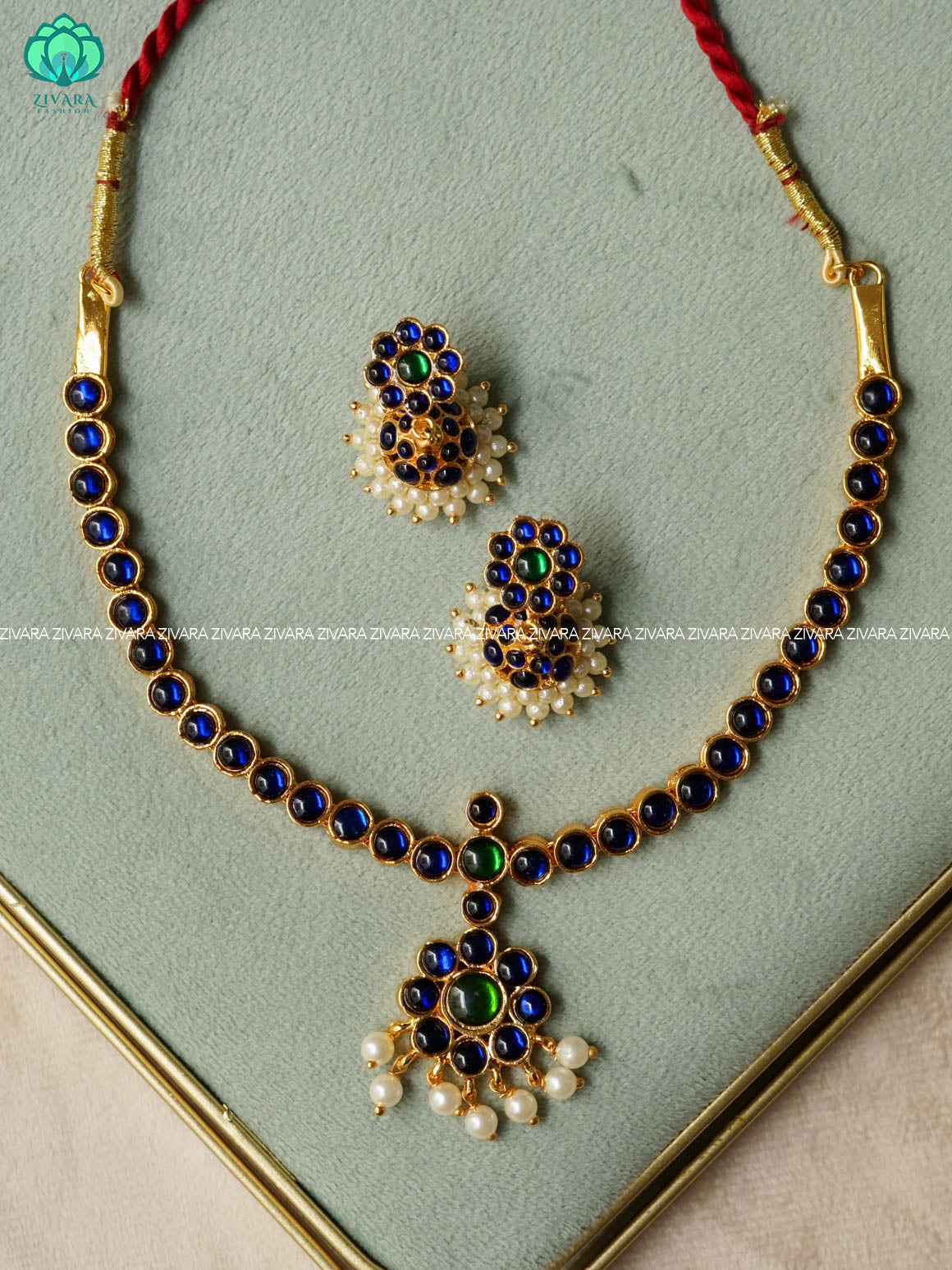 BLUE AND GREEN -CHINMAY - Simple kemp attigai neckwear with two line jhumka - latest kemp dance jewellery collection