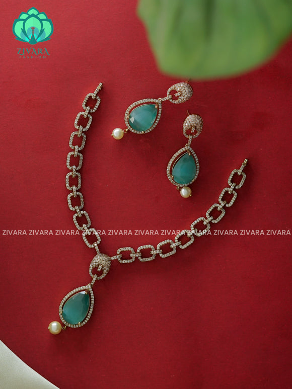 PASTEL GREEN - BIG TEAR drop neckset - Traditional south indian premium neckwear with earrings- Zivara Fashion- latest jewellery design