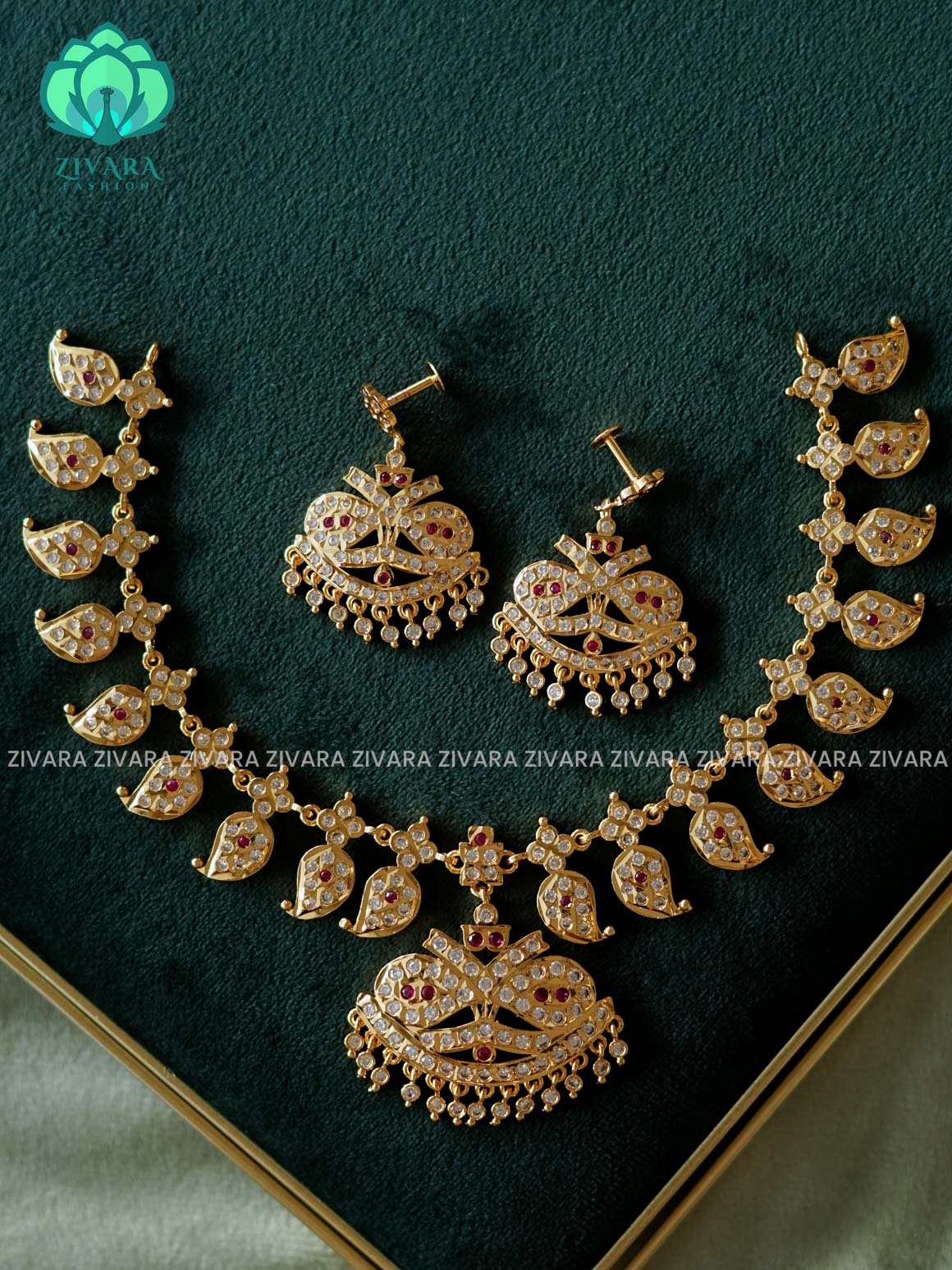 AMBIGAI-WHITE RUBY AND  STONE MANGA MOTIF MICROGOLD POLISH ATTIGAI WITH EARRING - Zivara Fashion- latest jewellery design