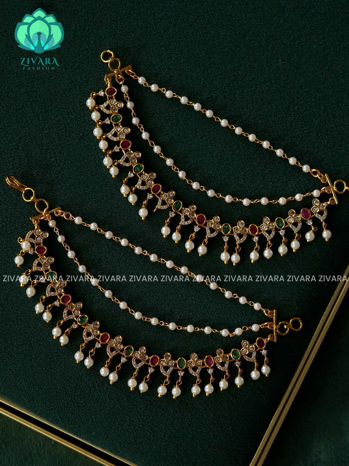 3 layer  GOLD FINISH  earchains/maatals- bridal accessory- zivara fashion-latest jewellery collection