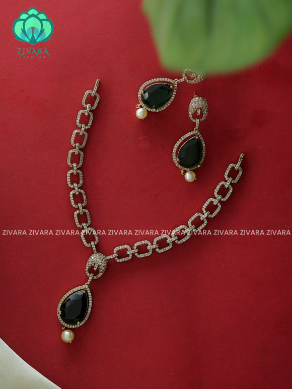 DARK GREEN - BIG TEAR drop neckset - Traditional south indian premium neckwear with earrings- Zivara Fashion- latest jewellery design