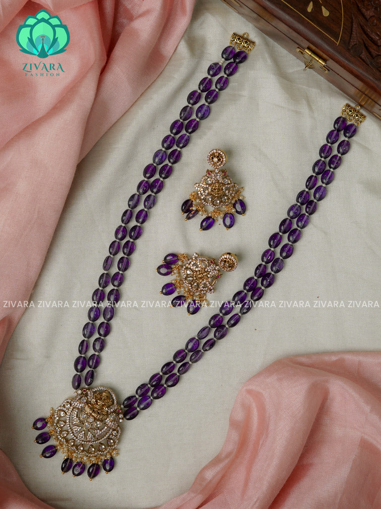 PURPLE BEADED temple pendant - Traditional DARK VICTORIA polish MIDCHEST haaram/neckwear with earrings- Zivara Fashion