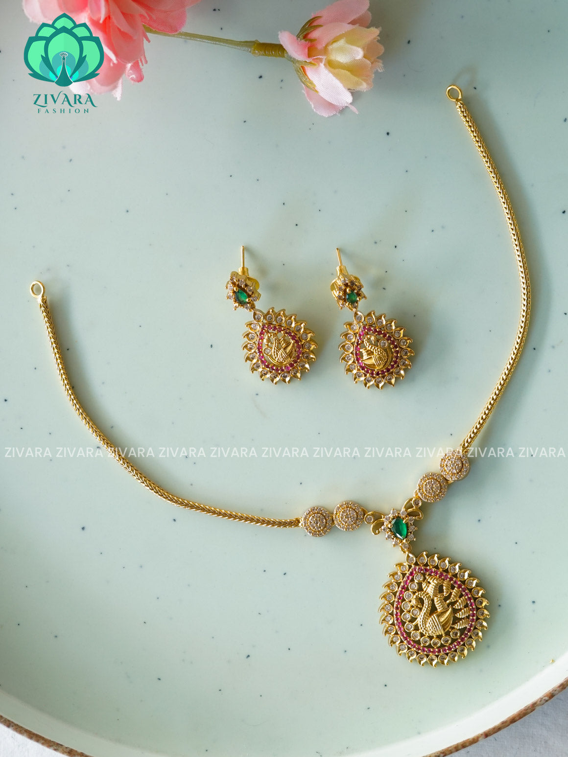 PEACOCK  Flexible chain- Traditional south indian PREMIUM  MATTE neckwear with earrings - Zivara Fashion