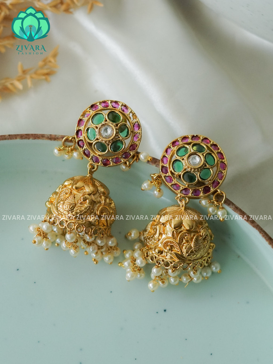 RUBY green Real kemp bridal - TRADITIONAL PREMIUM MATTE  polish JHUMKA- latest jewellery collection- zivara fashion