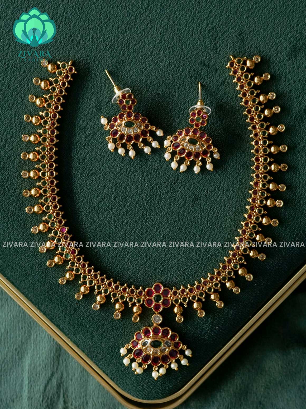 REAL KEMP NECK WEAR WITh EARRINGS   - Premium quality CZ Matte collection-south indian jewellery