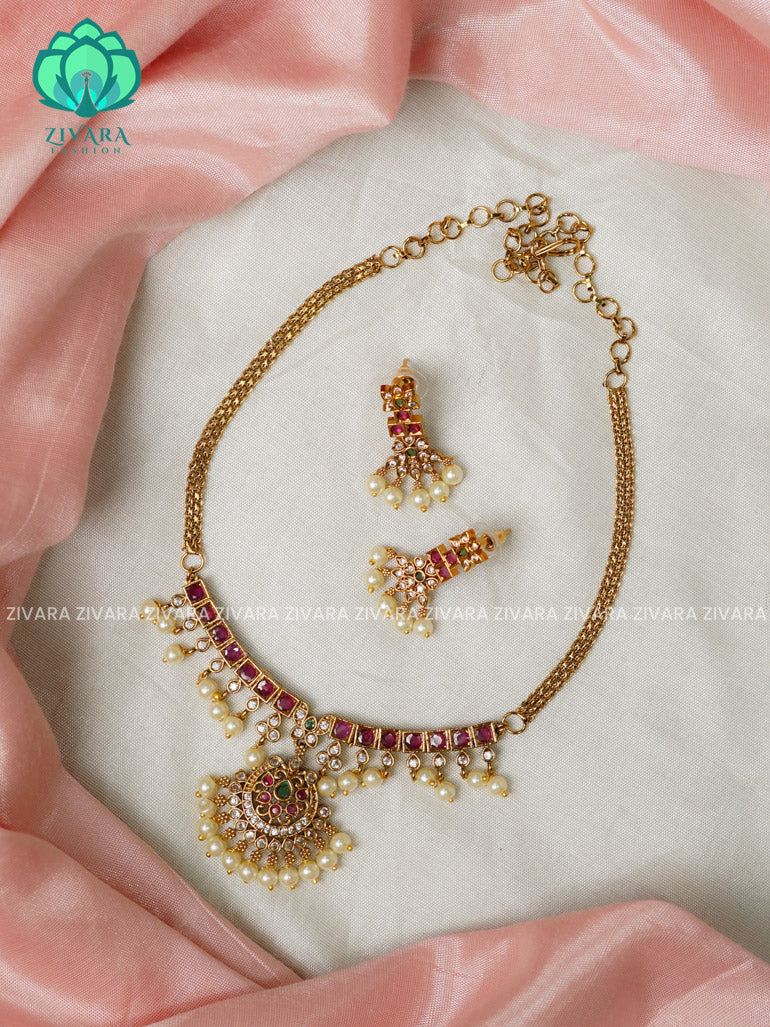 Simple ruby stone attigai-Traditional south indian premium neckwear with earrings- Zivara Fashion- latest jewellery design.