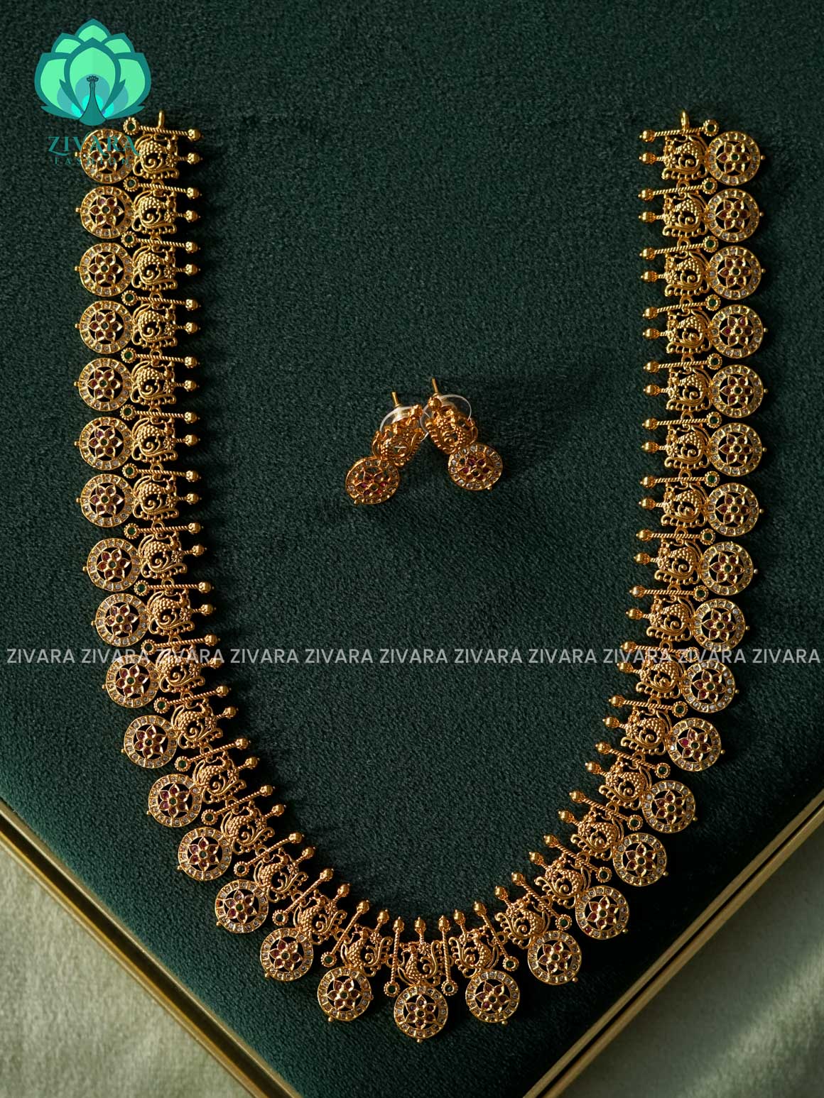 Beautiful annapakshi long Neckwear with earrings- CZ Matte Finish- Zivara Fashion