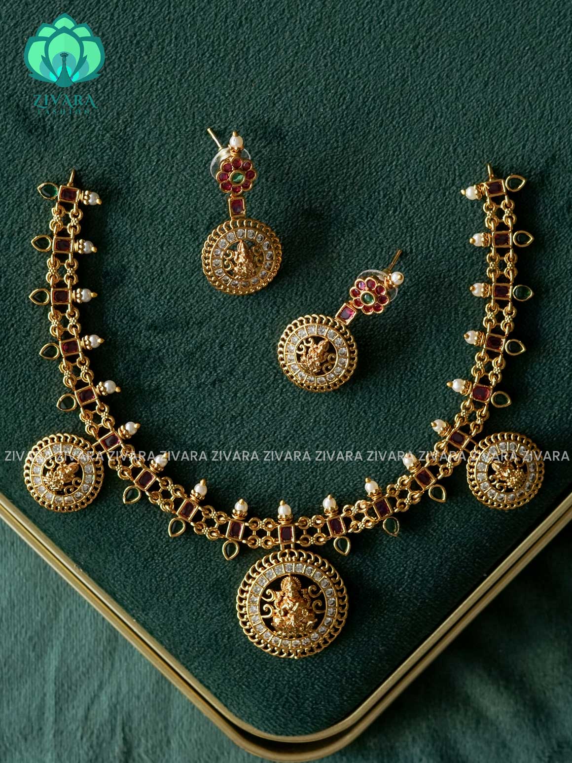 REAL KEMP TEMPLE PENDANT-Traditional south indian premium neckwear with earrings- Zivara Fashion- latest jewellery design