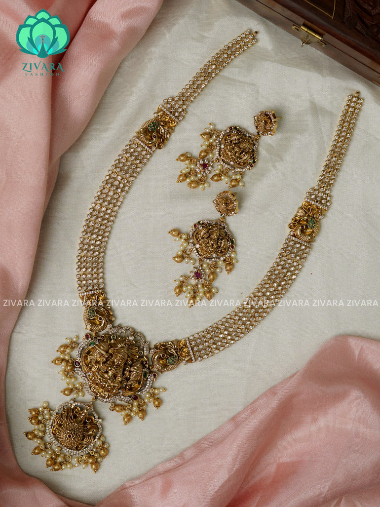 BRIDAL TEMPLE STONE  - Traditional PREMIUM MATTE polish MIDCHEST haaram/neckwear with earrings- Zivara Fashion