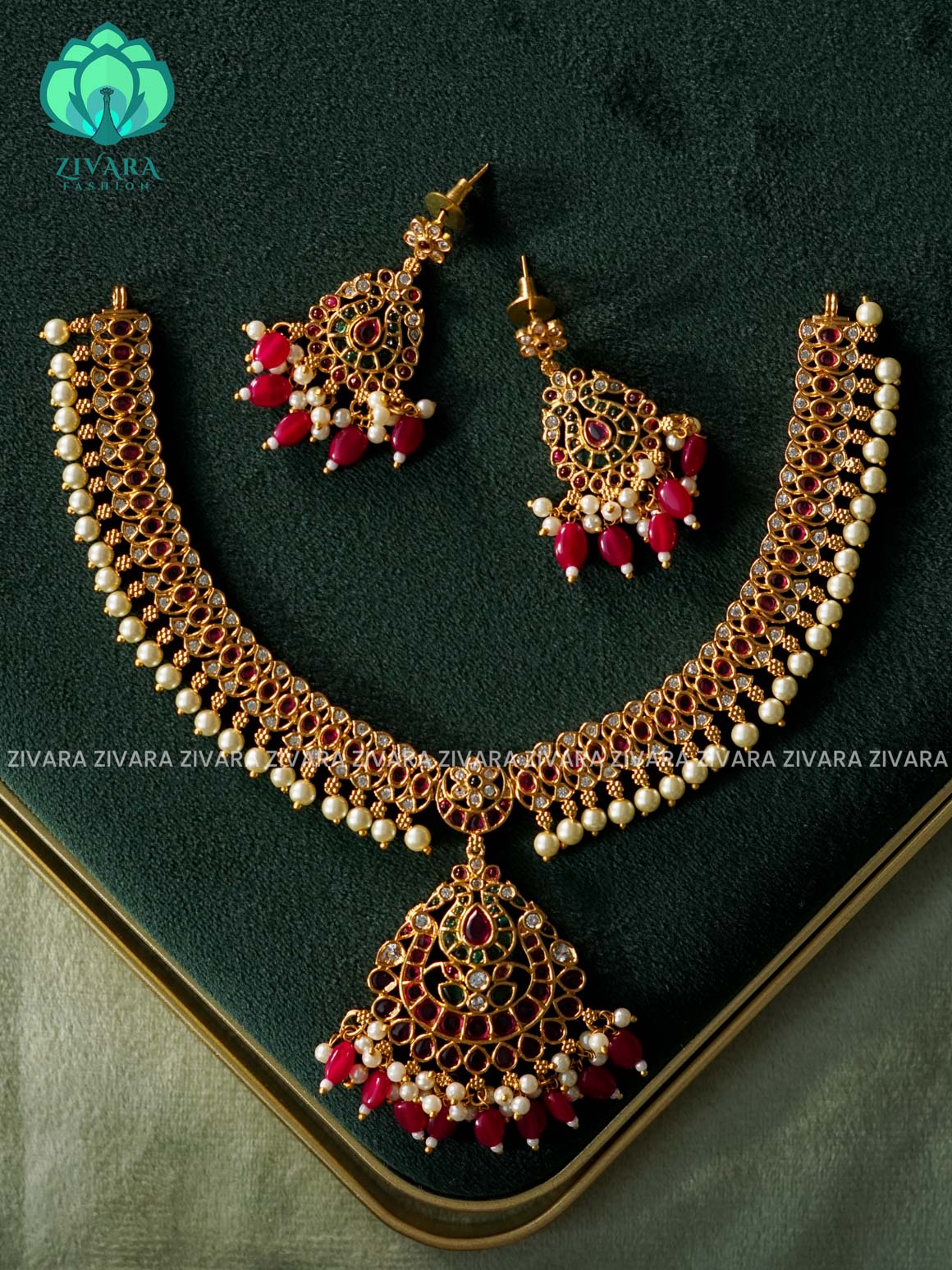 Akshayam - MOTIF FREE NECKWEAR WITH HANGINGS - bridal temple neckwear -Traditional south indian premium neckwear with earrings- Zivara Fashion- latest jewellery design