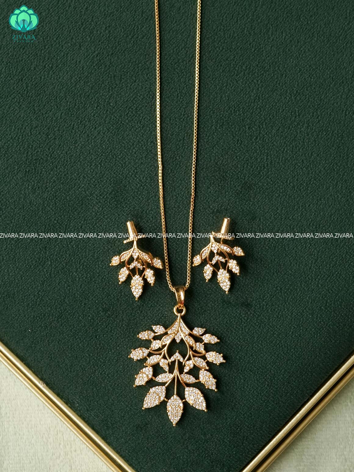 Zyra- Diamond replica gold polish pendant set and earrings ( CHAIN COMPLIMENTARY)  -Trending office wear jewellery-Zivara fashion