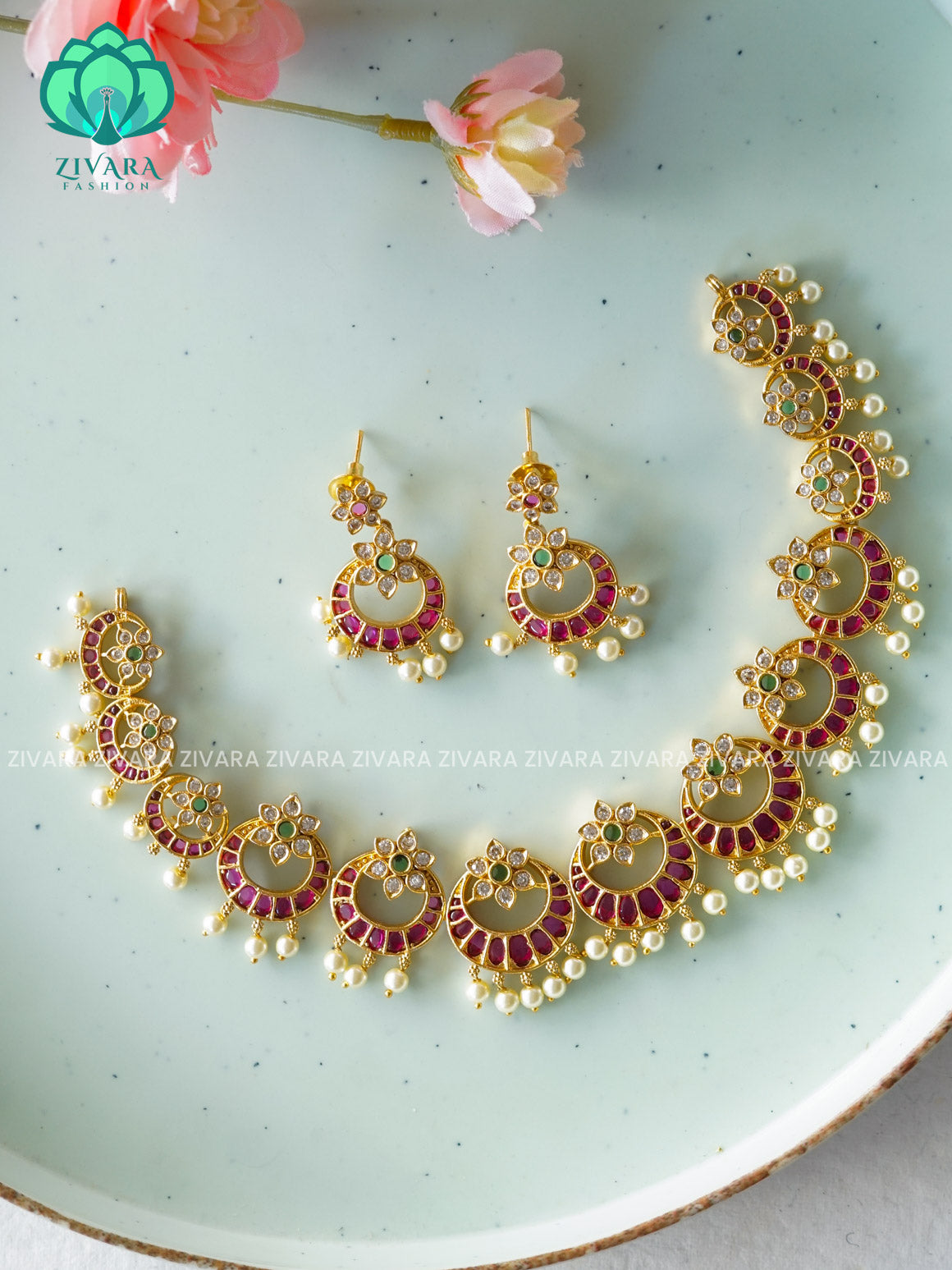 Chandhini - Ruby GREEN - Bridal real kemp stone moon -Traditional south indian premium neckwear with earrings- Zivara Fashion- latest jewellery design