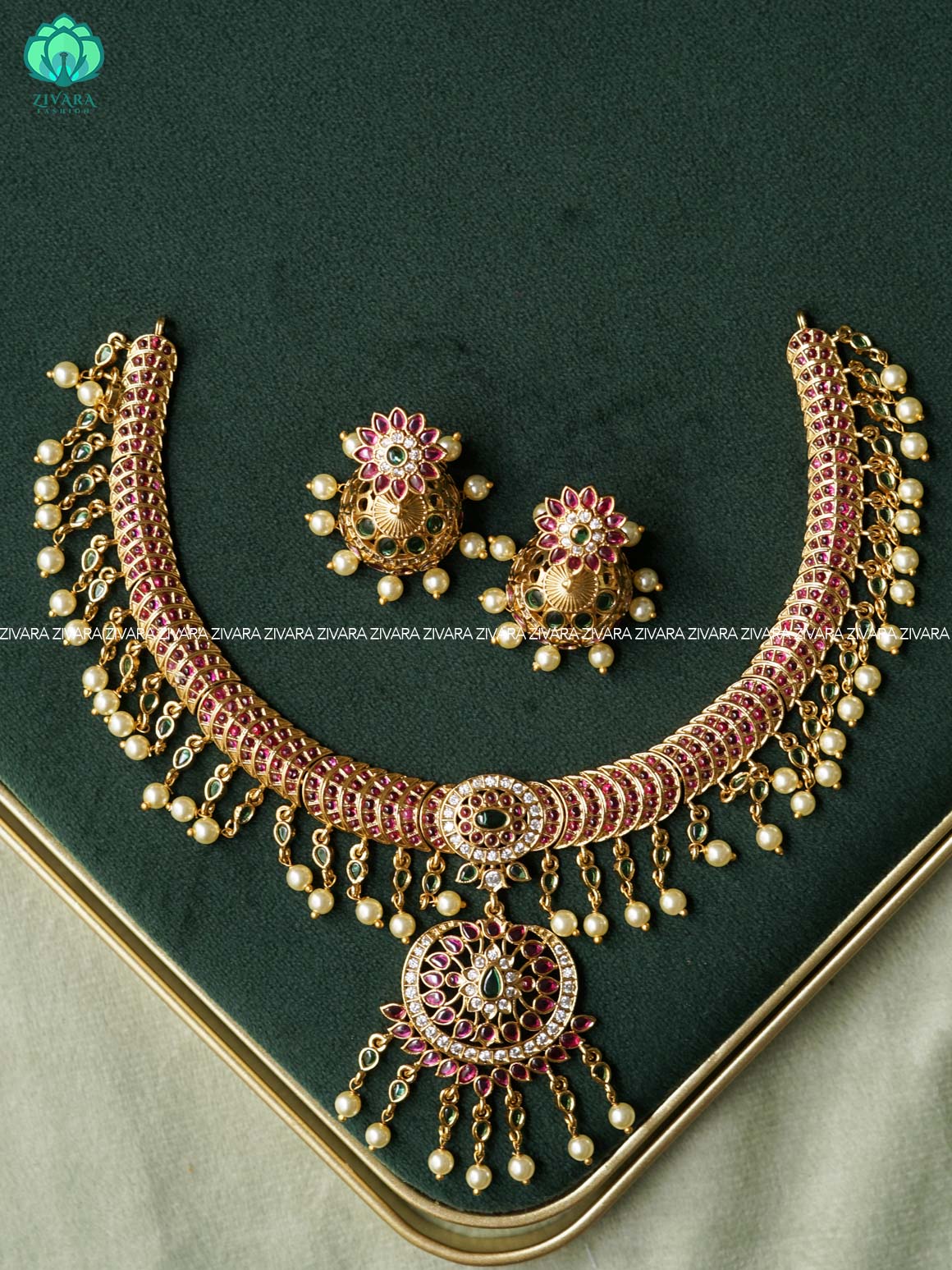 AKSHAYAM - REAL KEMP BRIDAL HASLI  neckwear with jhumka- Zivara Fashion