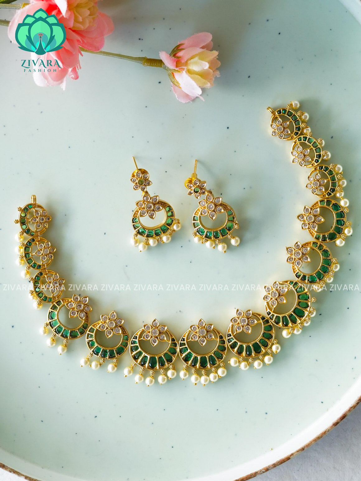 GREEN - Bridal real kemp stone moon -Traditional south indian premium neckwear with earrings- Zivara Fashion- latest jewellery design