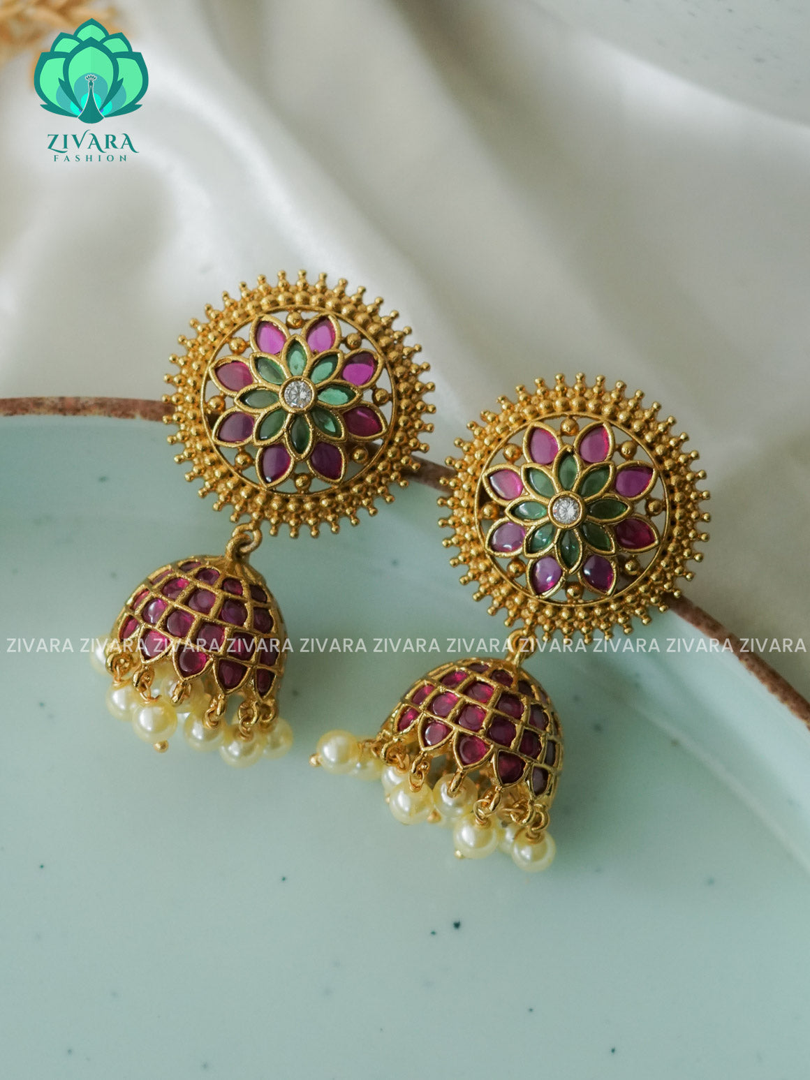 RUBY and green Real kemp bridal - TRADITIONAL PREMIUM MATTE  polish JHUMKA- latest jewellery collection- zivara fashion