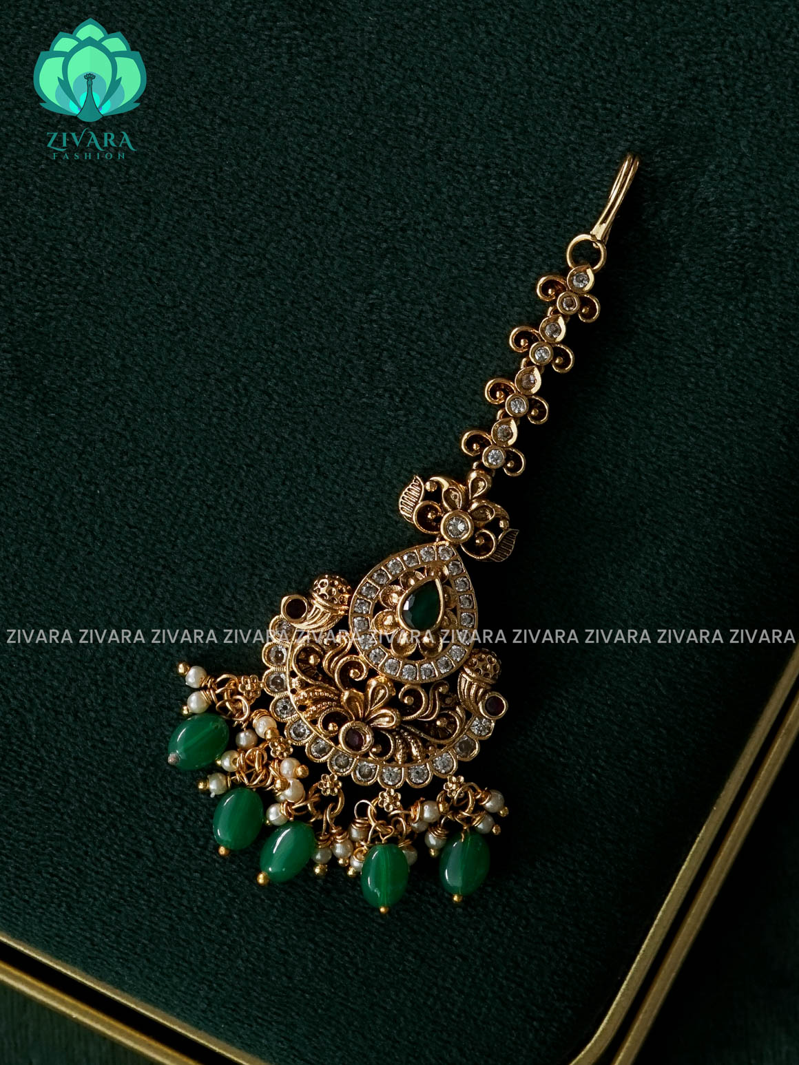 GREEN BEADS  MOTIF  CHUTTI WITH GREEN BEADS HANGINGS - bridal head accessory- latest bridal collection - Zivara fashion