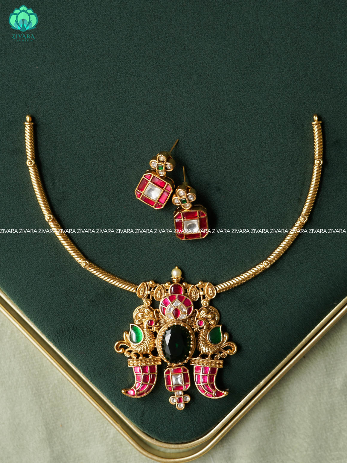 PEACOCK BRIDAL JADAU HASLI  -Traditional south indian premium neckwear with earrings- Zivara Fashion- latest jewellery design