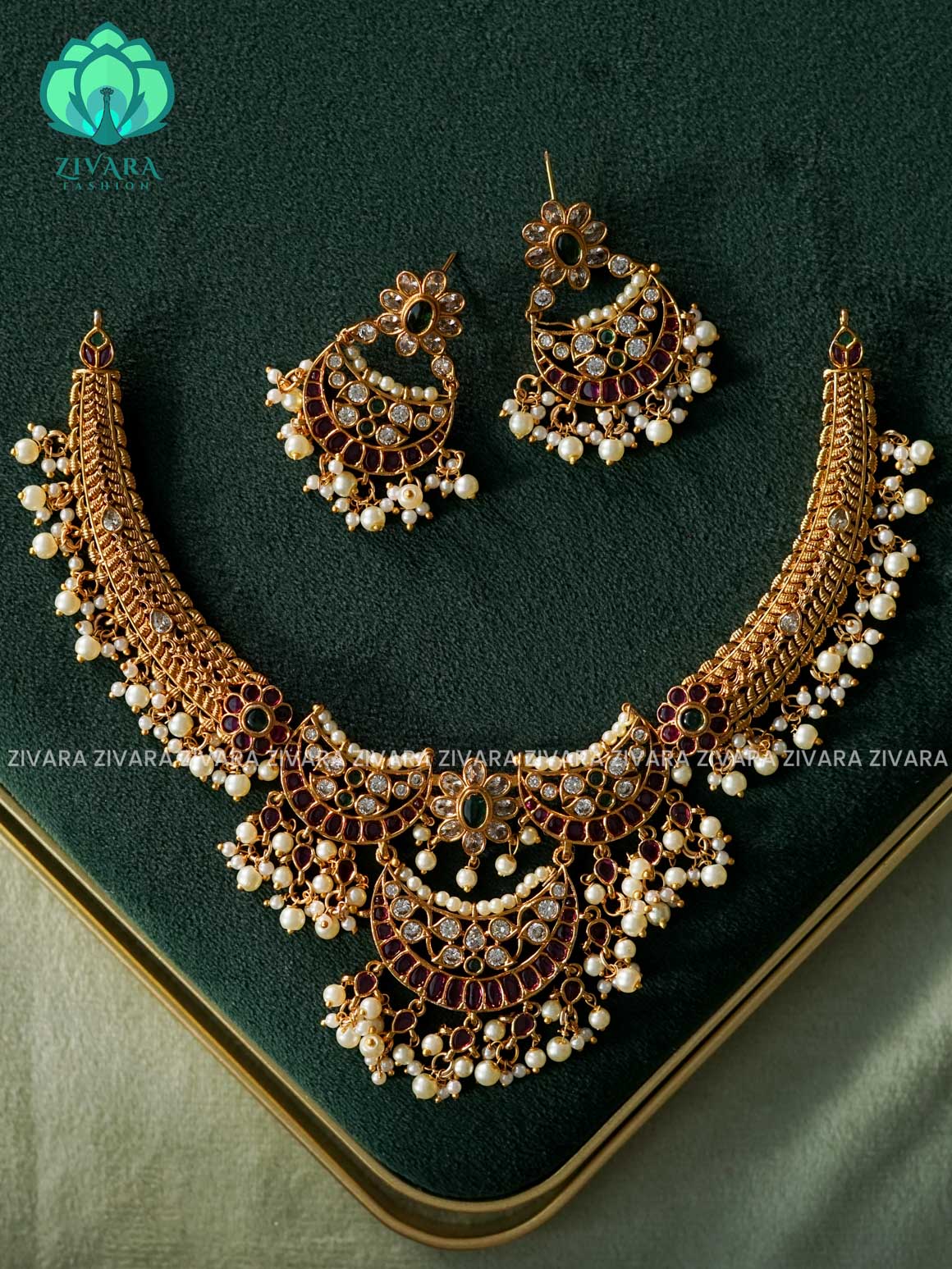 AKSHAYAM - TEMPLE BRIDAL HASLI  NECKWEAR WITH GREEN BEADS HANGINGS  - Premium quality CZ Matte collection-south indian jewellery