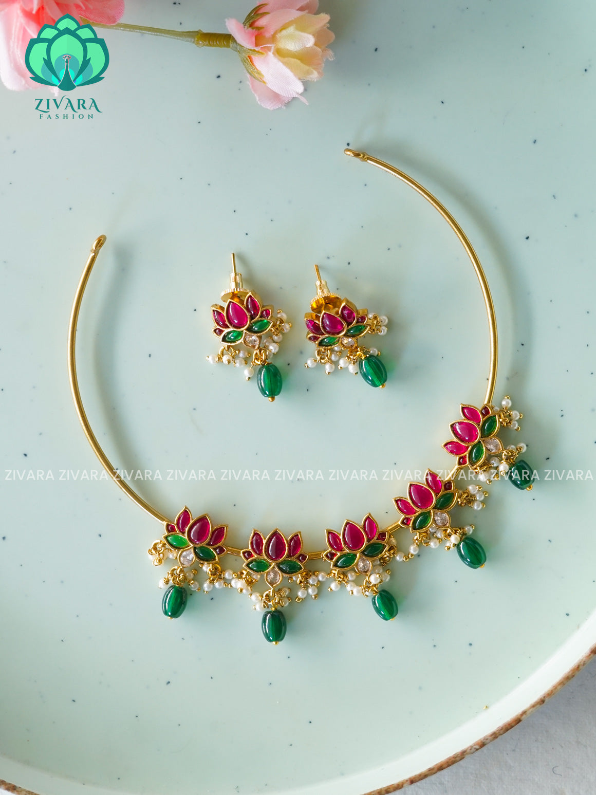 GREEN BEADS Cute LOTUS  hasli NECK WEAR WITh EARRINGS   - Premium quality CZ Matte collection-south indian jewellery