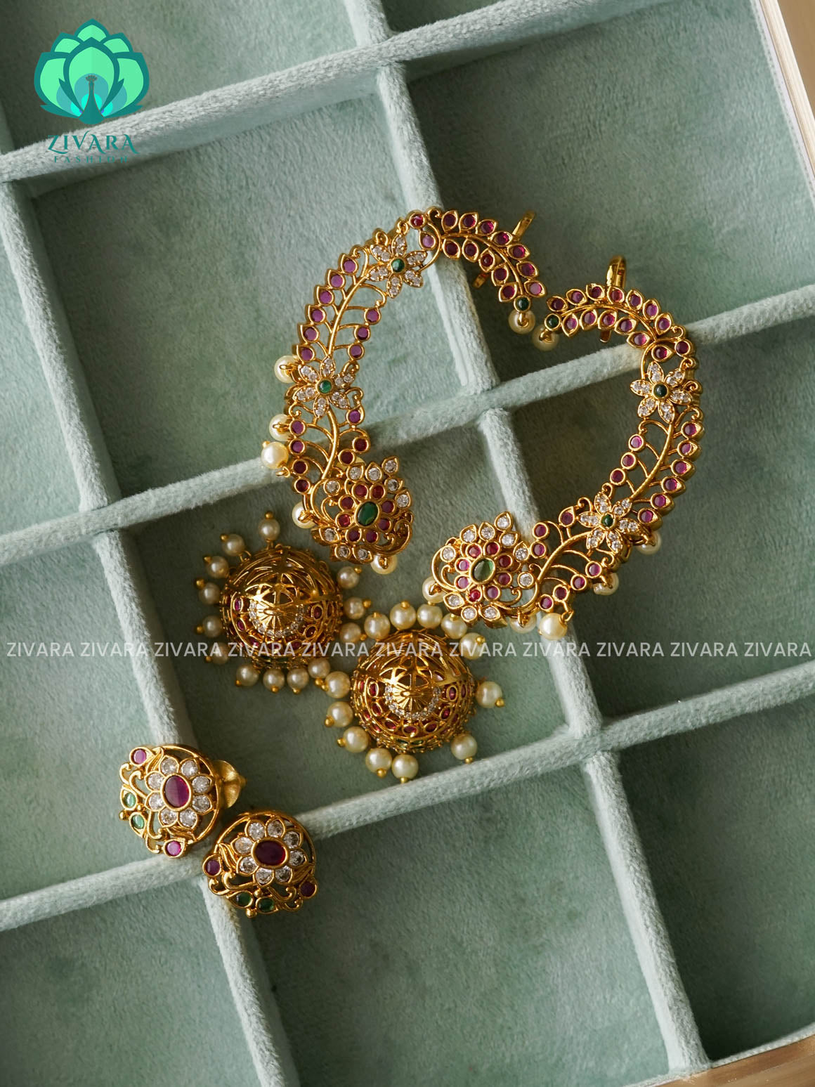 MRUNAL- 4 IN 1 GREEN RUBY REAL KEMP EARCUFF JHUMKA - latest jewellery collection- zivara fashion