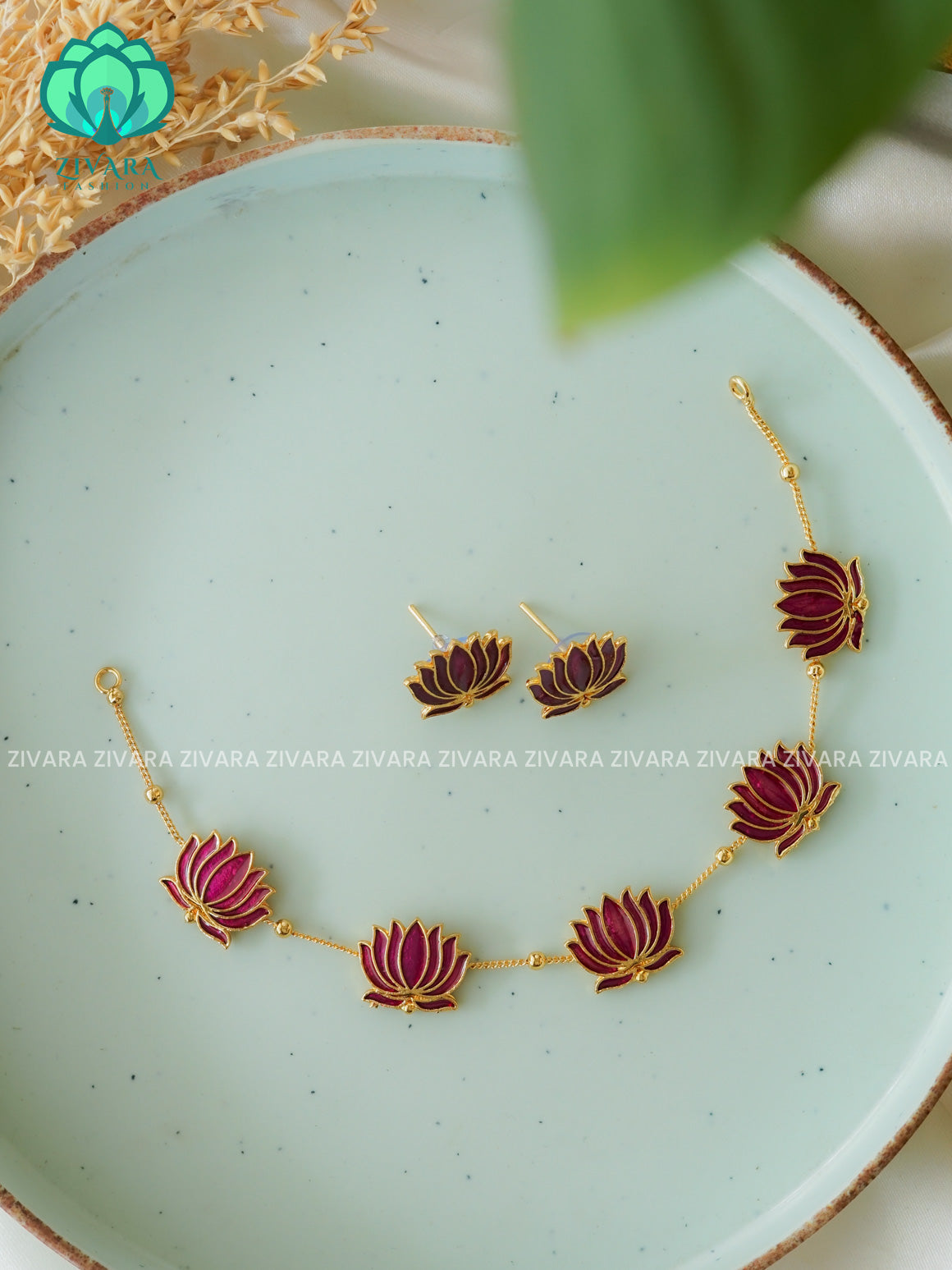MANJU WARRIER  inspired PURPLISH PINK Trending NORMAL MATTE lotus enamel neckwear with earrings- Zivara Fashion- latest jewellery design