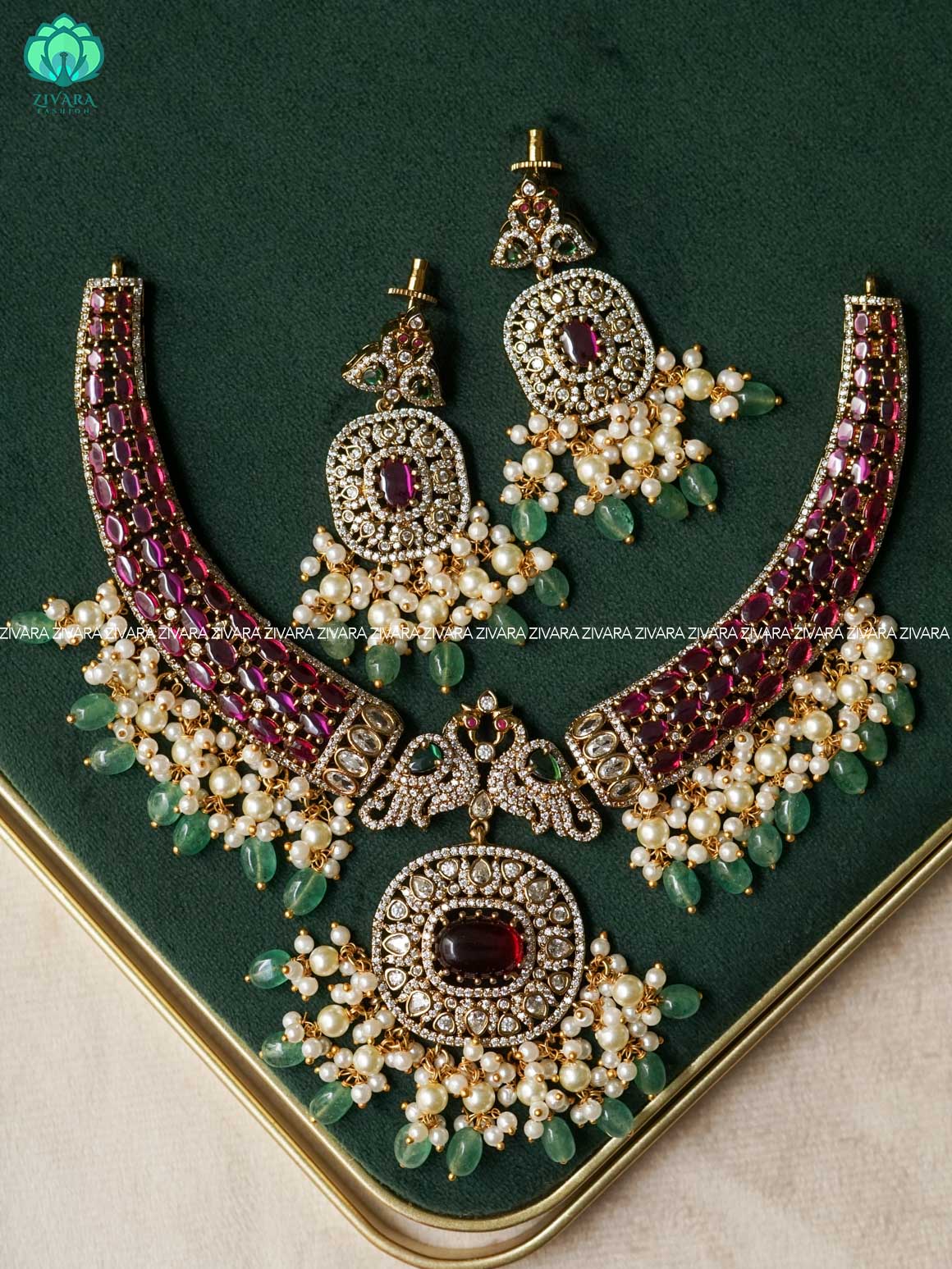 AKSHAYAM - GREEN BEADS HEAVY REAL KEMP  BRIDAL HASLI -Traditional south indian premium neckwear with earrings- Zivara Fashion- latest jewellery design.