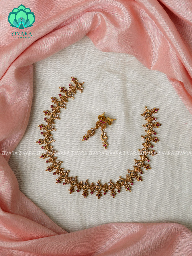 SIMPLE FLORAL PEACOCK  -Traditional south indian premium neckwear with earrings- Zivara Fashion- latest jewellery design