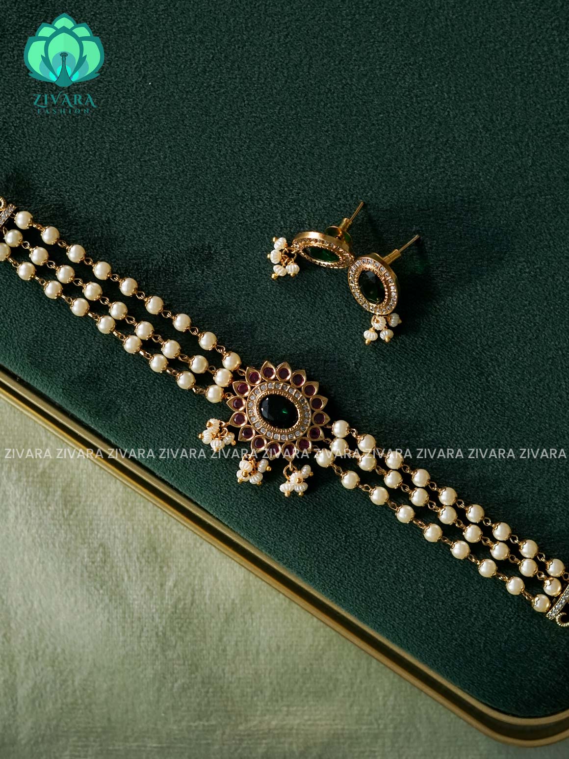 GREEN STONE PEARL  CHOKER  -  TRADITIONAL CHOKER COLLECTION WITH EARRINGS- LATEST JEWELLERY COLLECTION